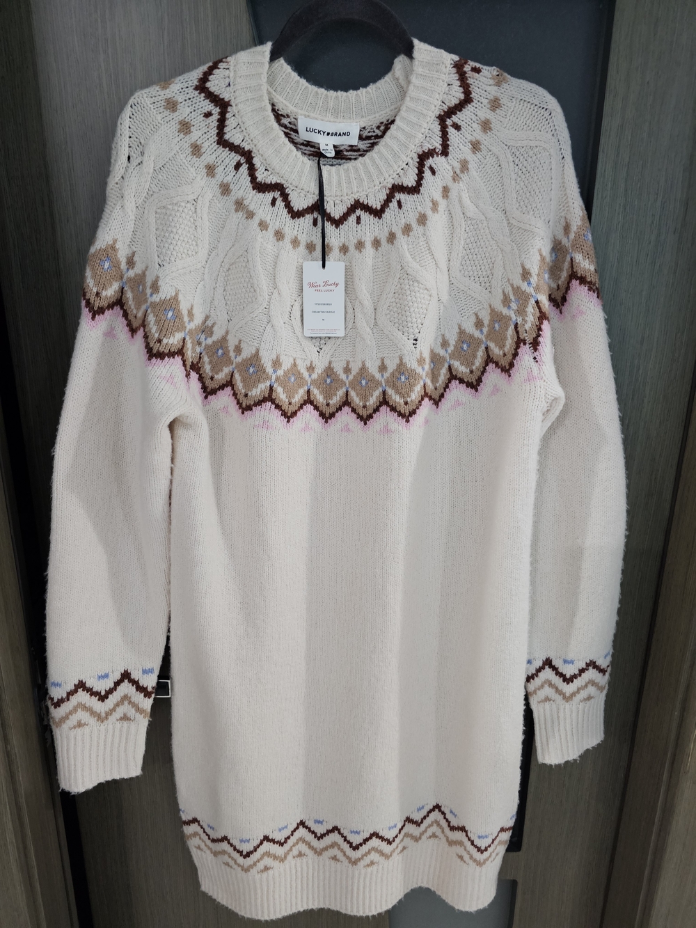Lucky Brand Cream Cable-Knit Nordic Yoke Long Sweater Dress Size M New